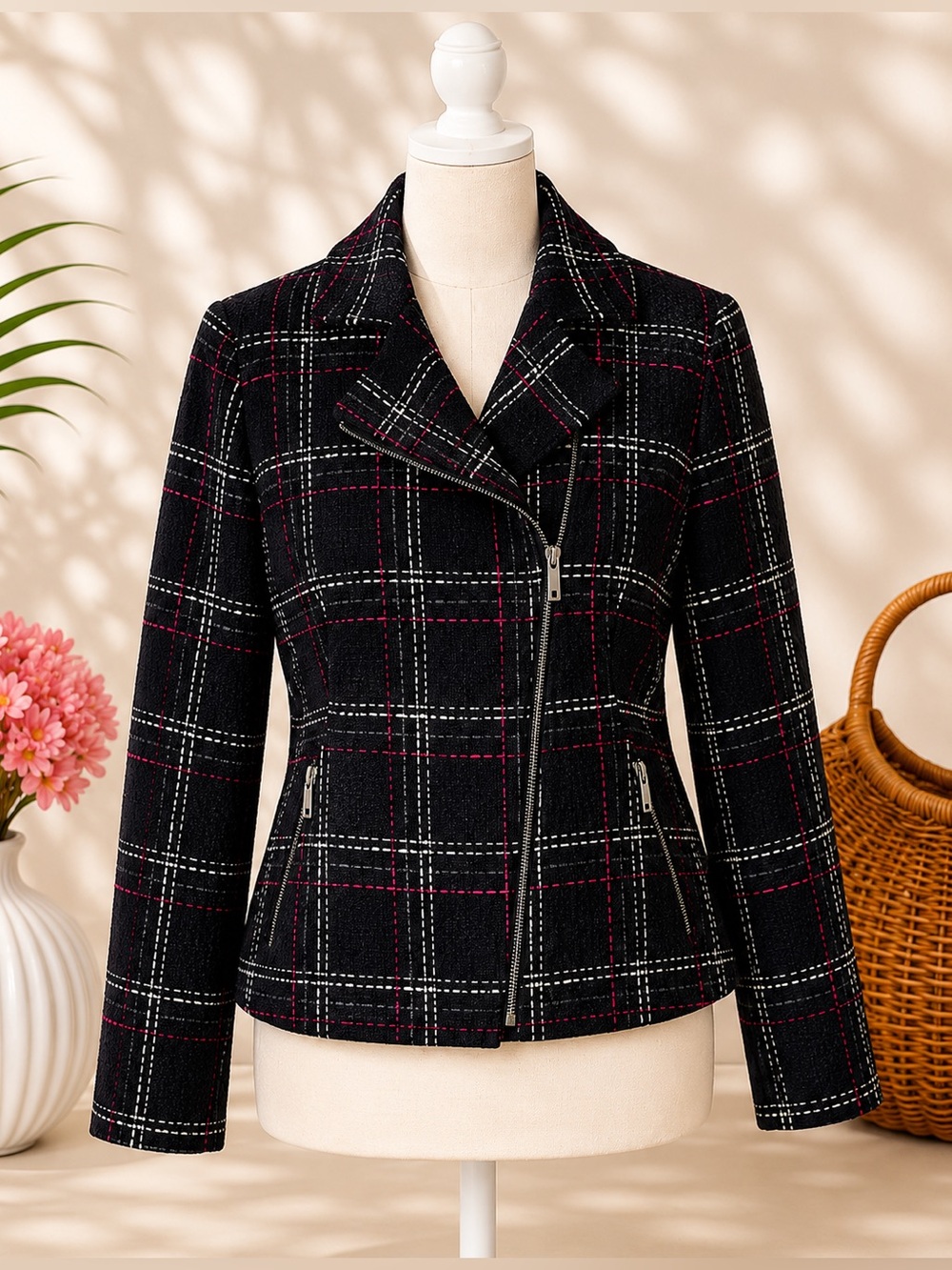 Bandolino Plaid Moto Jacket Black Pink Zip Career Jacket Large Fit